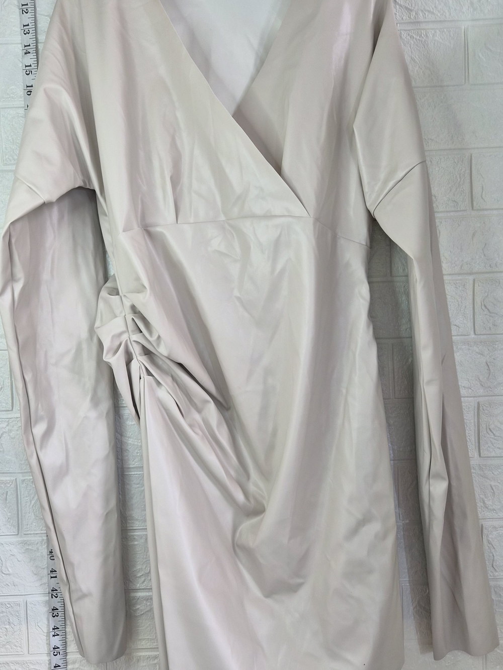 Micas Nude vegan leather wrap mini dress long sleeves ruched side Size L